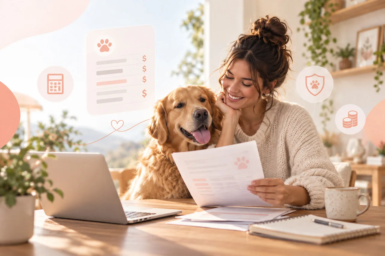 Owner checking papers beside a dog and laptop