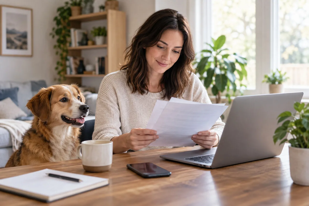 Owner reading a paper beside a laptop and a dog